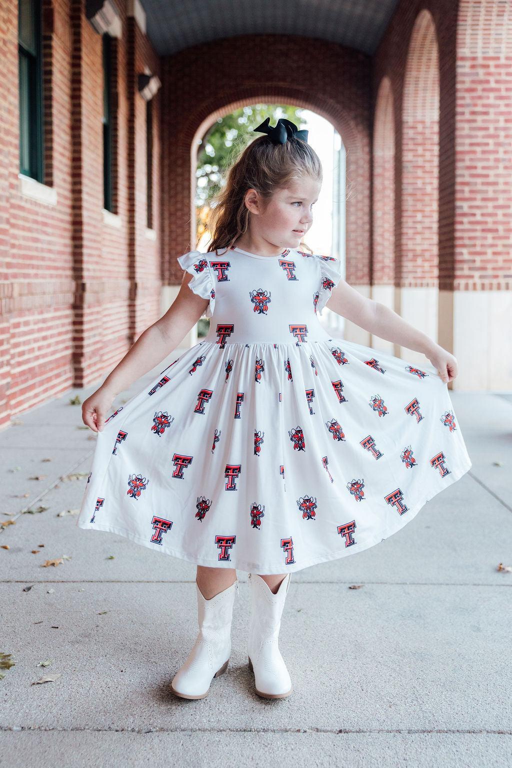 christmas red and white dress Girls' Texas Tech White Raider Red Flutter Twirl Dress Size: 9/10 By Mila & Rose