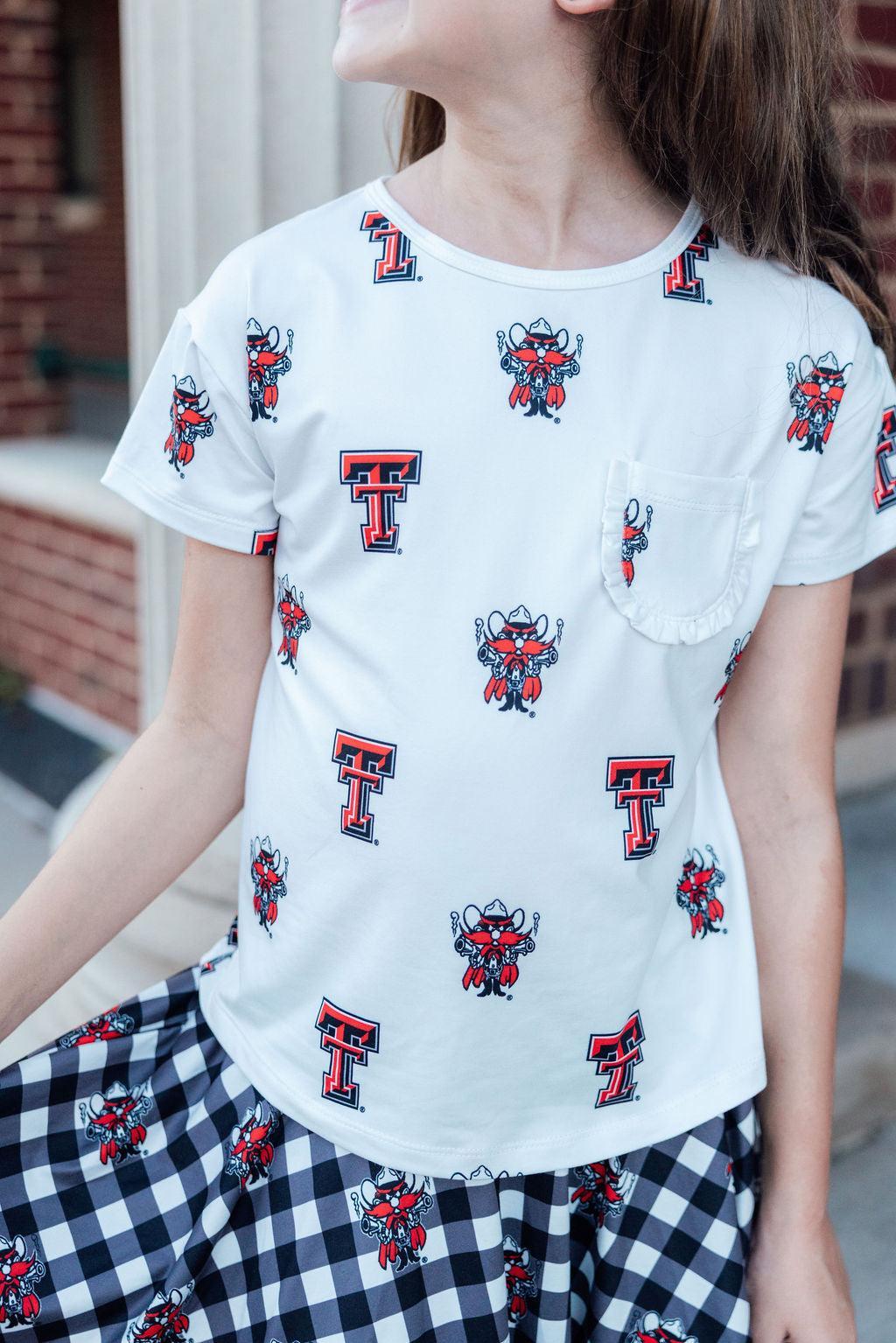 Texas Tech White Raider Red Ruffle Pocket Tee-Mila & Rose ®