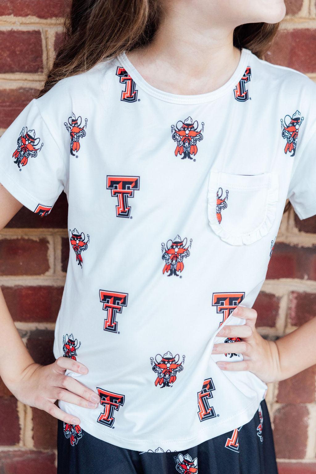 Texas Tech White Raider Red Ruffle Pocket Tee-Mila & Rose ®