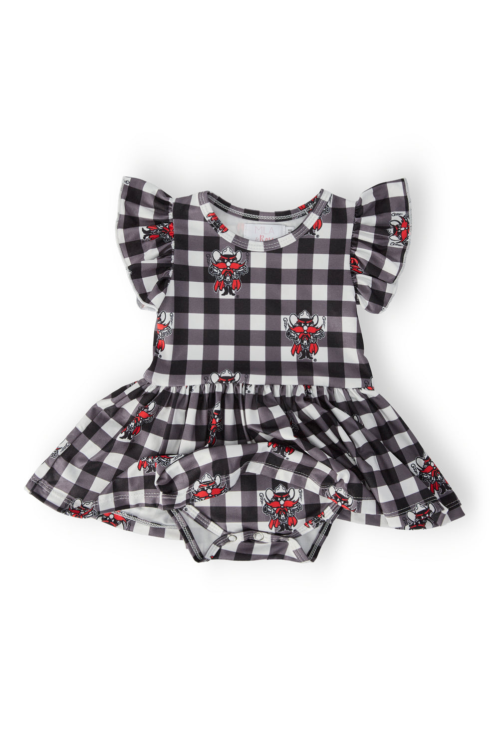 (R) Texas Tech Plaid Raider Red S/S Flutter Twirl Bodysuit-Mila & Rose ®