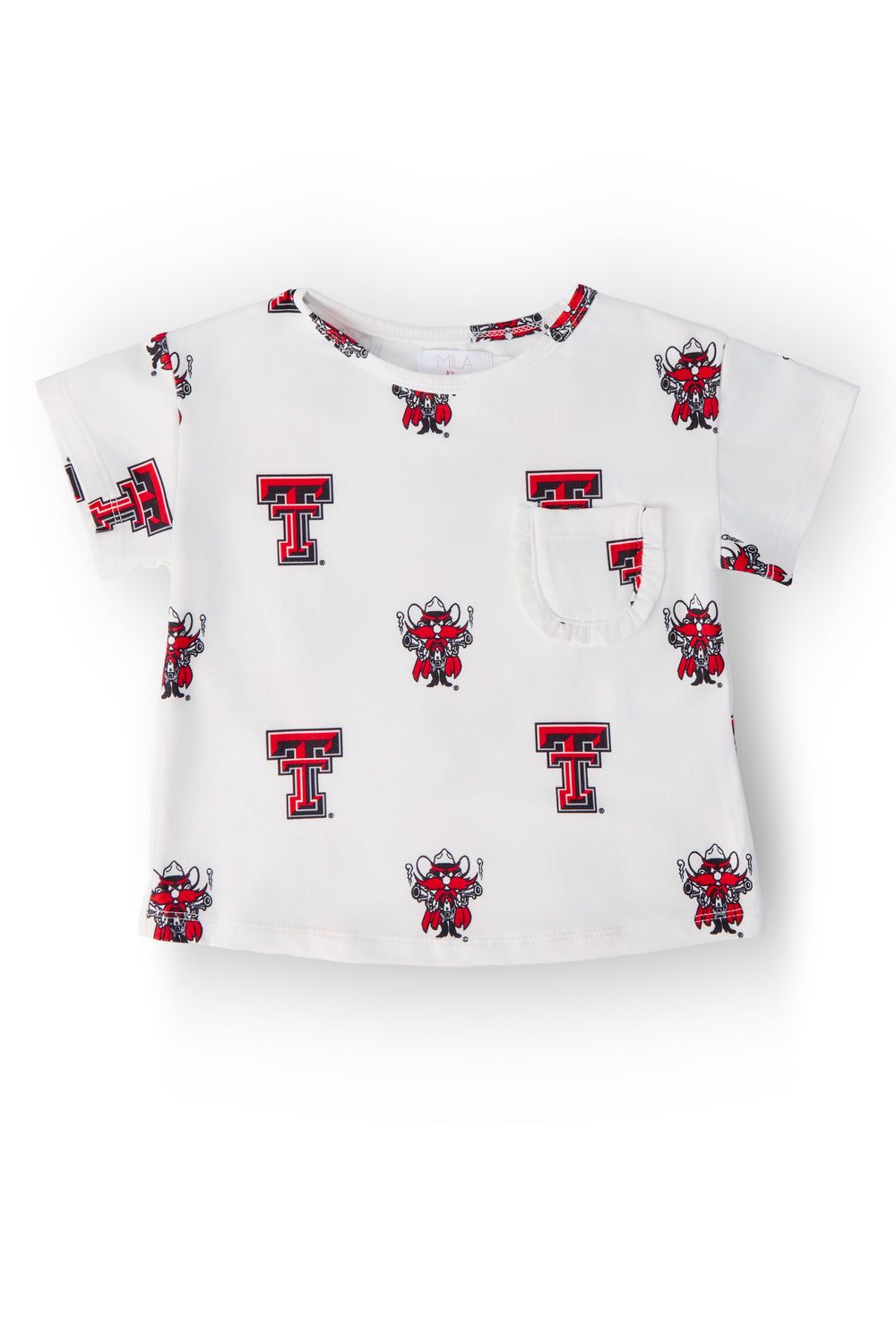 Texas Tech White Raider Red Ruffle Pocket Tee-Mila & Rose ®