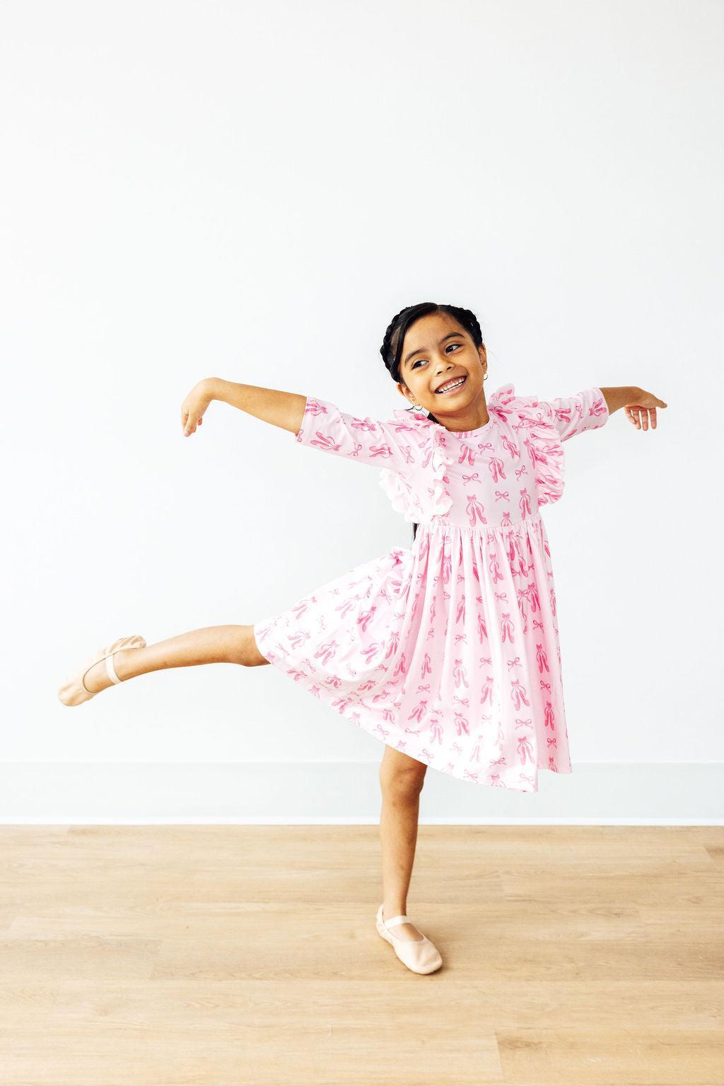 Twirling en Pointe 3/4 Sleeve Ruffle Twirl Dress-Mila & Rose ®