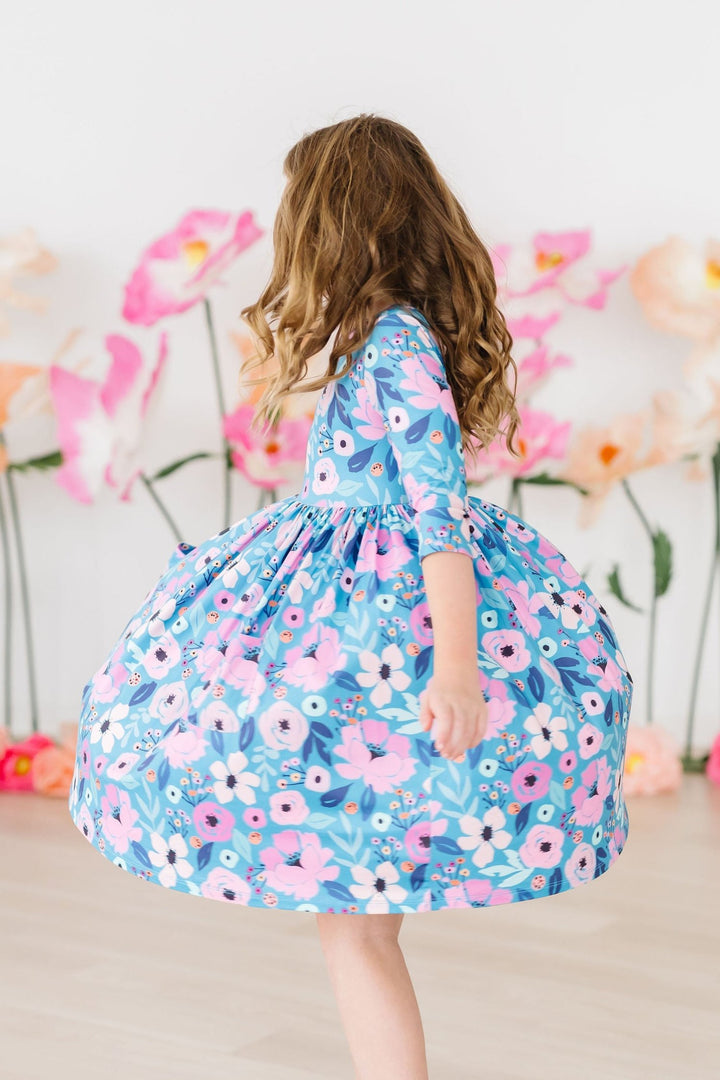 Twirling in Teal 3/4 Sleeve Pocket Twirl Dress-Mila & Rose ®