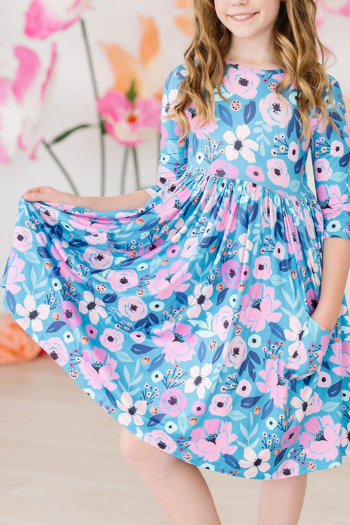 Twirling in Teal 3/4 Sleeve Pocket Twirl Dress-Mila & Rose ®