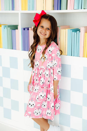 Unicorn Kitties 3/4 Sleeve Pocket Twirl Dress-Mila & Rose ®