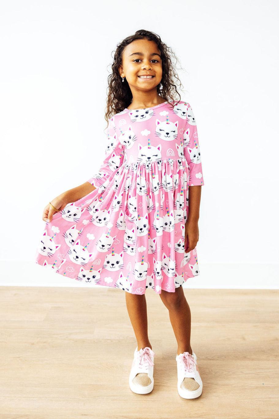 Unicorn Kitties 3/4 Sleeve Pocket Twirl Dress-Mila & Rose ®
