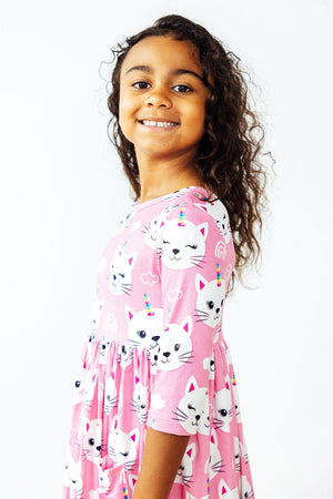 Unicorn Kitties 3/4 Sleeve Pocket Twirl Dress-Mila & Rose ®