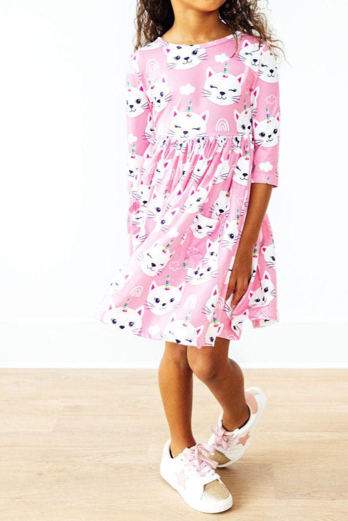 Unicorn Kitties 3/4 Sleeve Pocket Twirl Dress-Mila & Rose ®