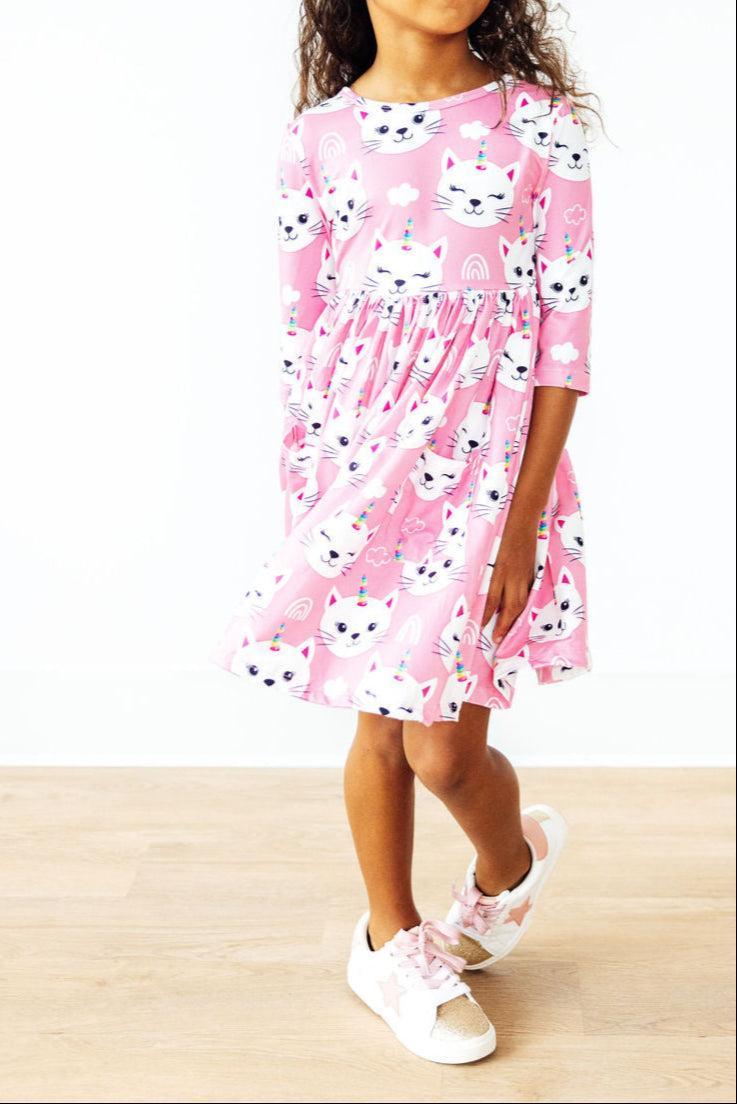 Unicorn Kitties 3/4 Sleeve Pocket Twirl Dress-Mila & Rose ®
