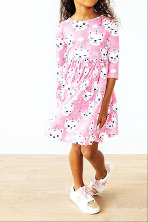 Unicorn Kitties 3/4 Sleeve Pocket Twirl Dress-Mila & Rose ®