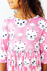 Unicorn Kitties 3/4 Sleeve Pocket Twirl Dress-Mila & Rose ®