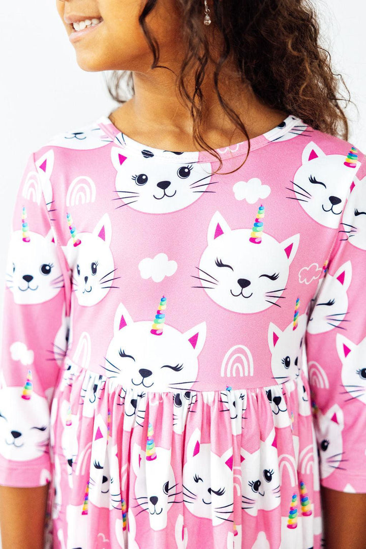 Unicorn Kitties 3/4 Sleeve Pocket Twirl Dress-Mila & Rose ®