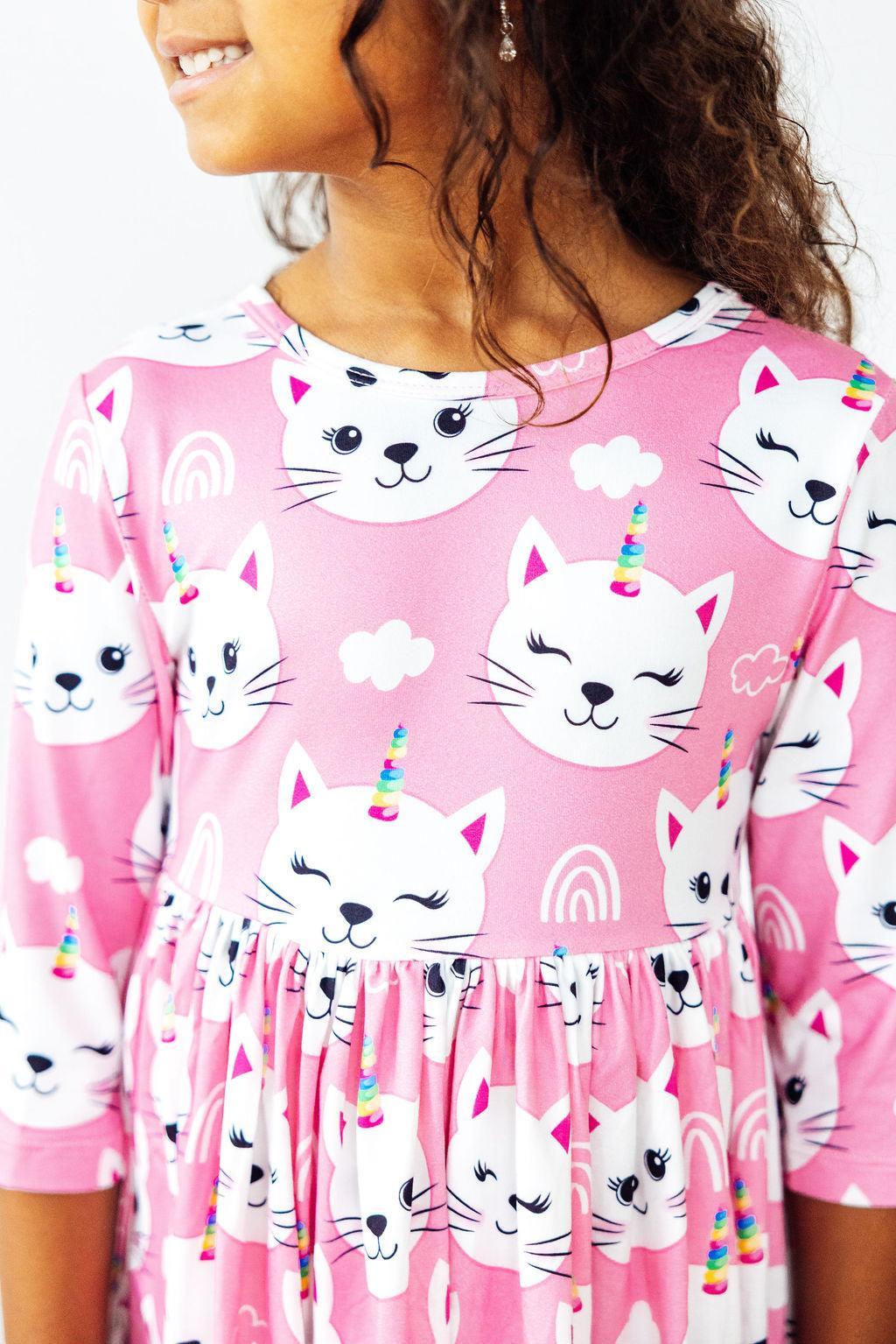 Unicorn Kitties 3/4 Sleeve Pocket Twirl Dress-Mila & Rose ®