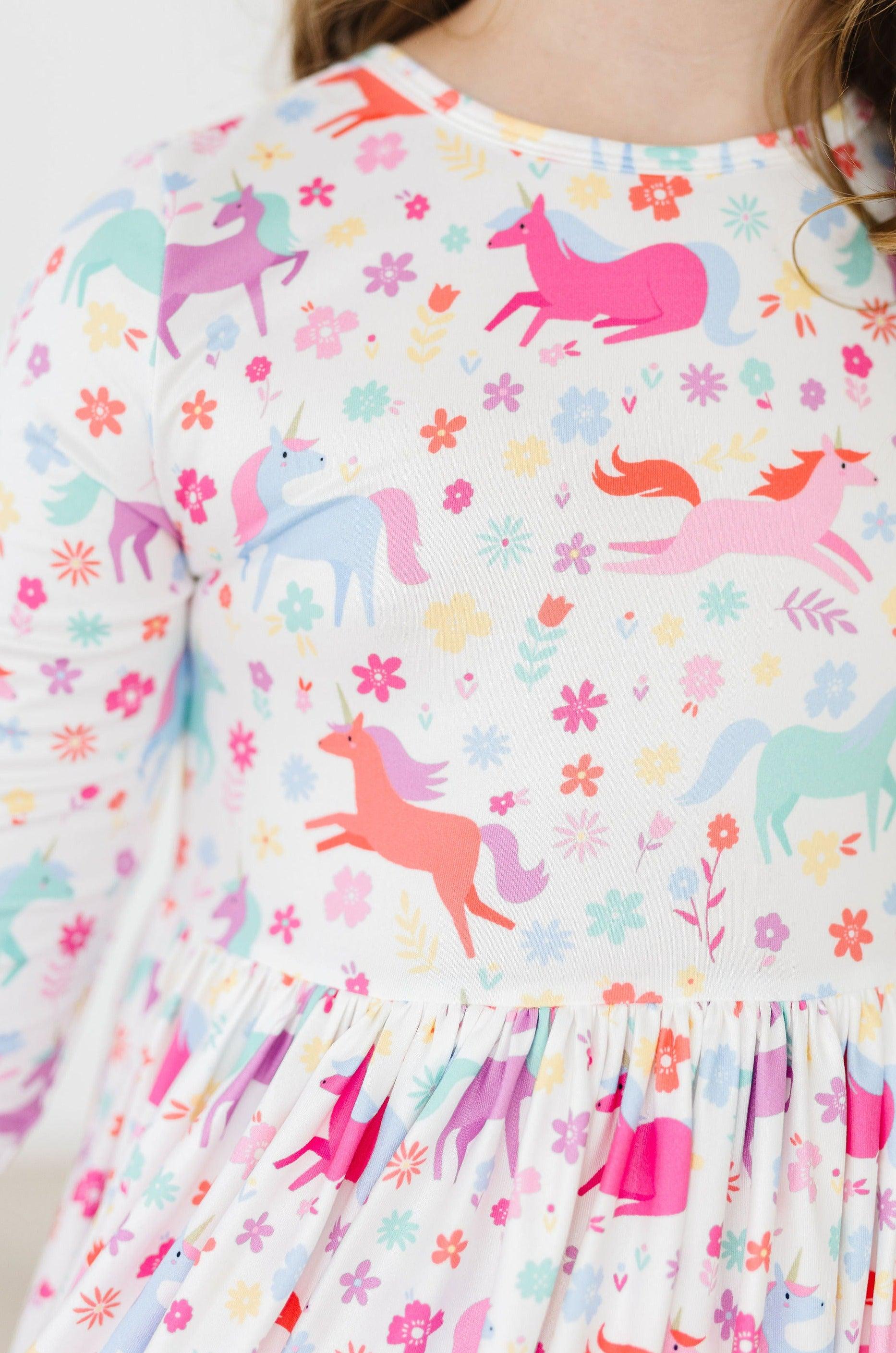 Girls' Unicorn Wish 3/4 Sleeve Pocket Twirl Dress Size: 7/8 by Mila & Rose Girls' Unicorn Wish 3/4 Sleeve Pocket Twirl Dress Size: 7/8 by Mila & Rose