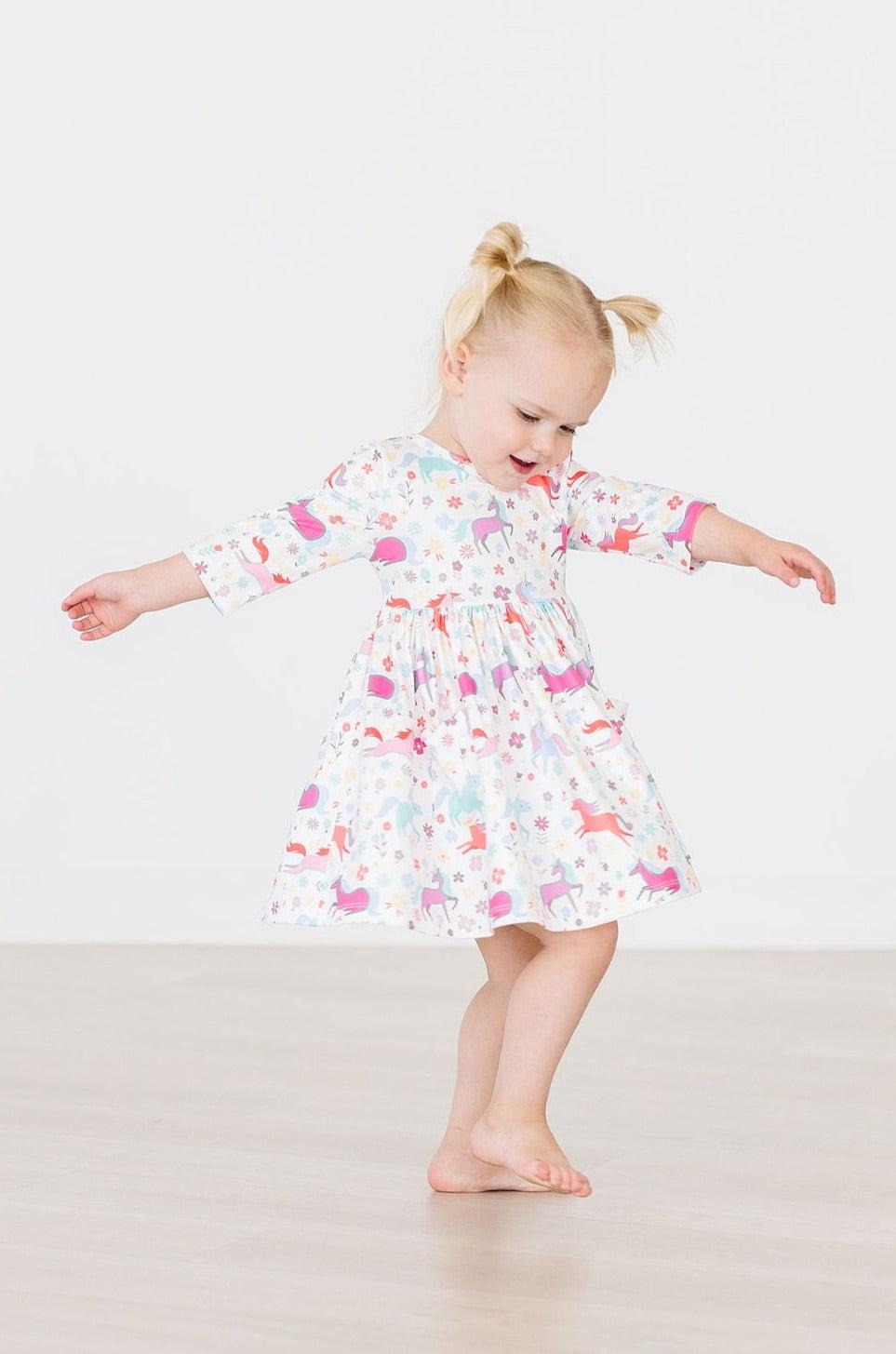 Girls' Unicorn Wish 3/4 Sleeve Pocket Twirl Dress Size: 9/10 by Mila & Rose Girls' Unicorn Wish 3/4 Sleeve Pocket Twirl Dress Size: 9/10 by Mila & Rose