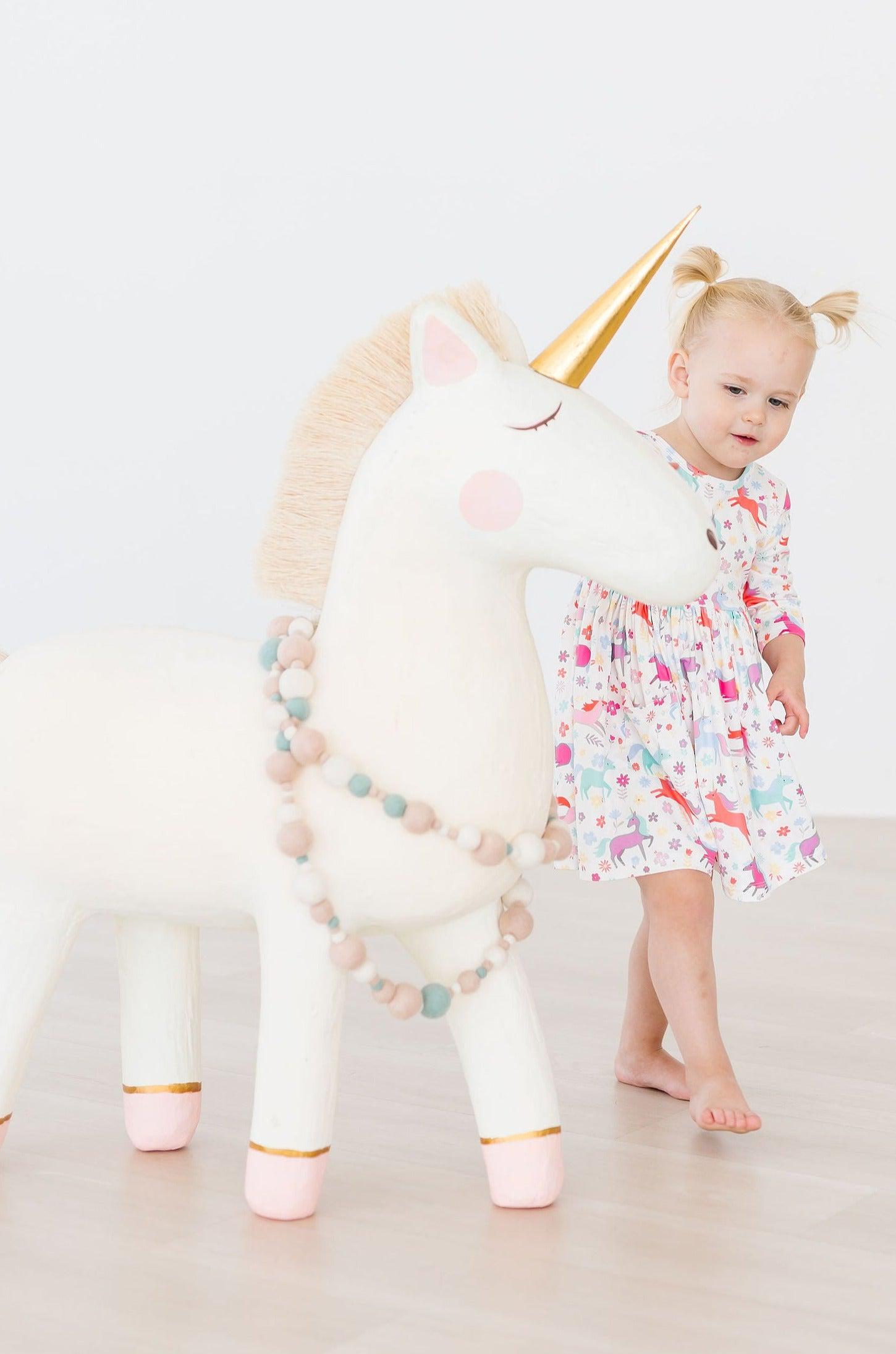 Girls' Unicorn Wish 3/4 Sleeve Pocket Twirl Dress Size: 7/8 by Mila & Rose Girls' Unicorn Wish 3/4 Sleeve Pocket Twirl Dress Size: 7/8 by Mila & Rose