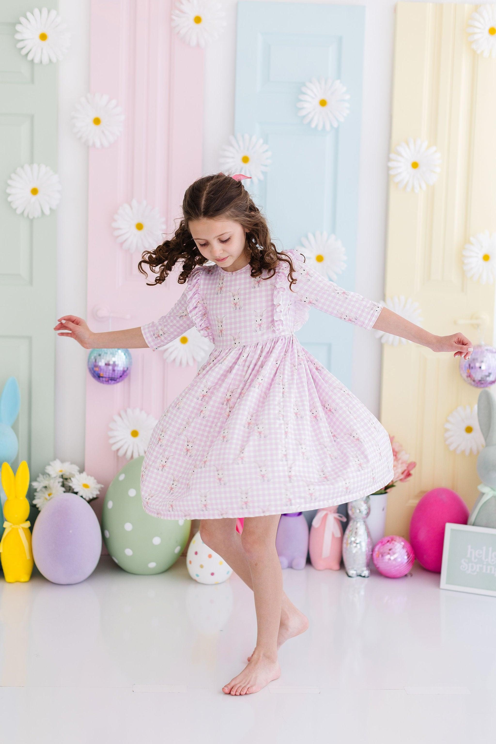 Girls' Baby Bunnies 3/4 Sleeve Ruffle Twirl Dress Size: 7/8 by Mila & Rose Girls' Baby Bunnies 3/4 Sleeve Ruffle Twirl Dress Size: 7/8 by Mila & Rose
