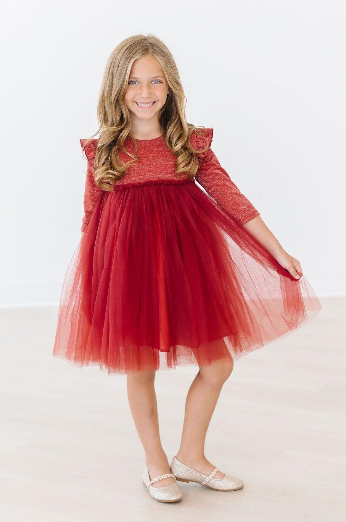 (V) Pumpkin Spice Shimmer 3/4 Sleeve Tutu Dress-Mila & Rose ®