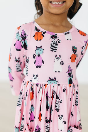 (V) Purr-fectly Spooky 3/4 Sleeve Pocket Twirl Dress-Mila & Rose ®