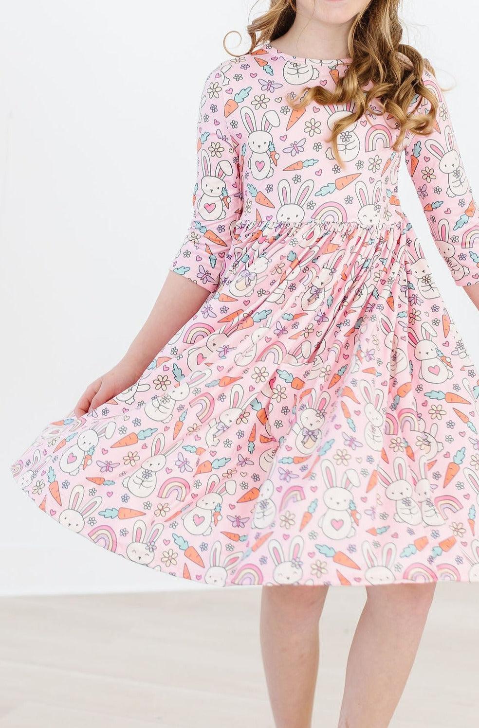 springtime dresses Girls' Springtime Bunnies 3/4 Sleeve Pocket Twirl Dress Size: 12-24m By Mila & Rose