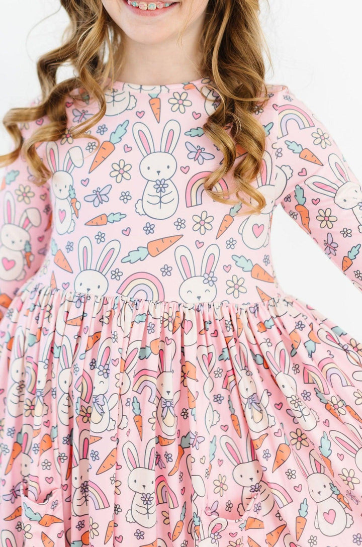 (V) Springtime Bunnies 3/4 Sleeve Pocket Twirl Dress-Mila & Rose ®