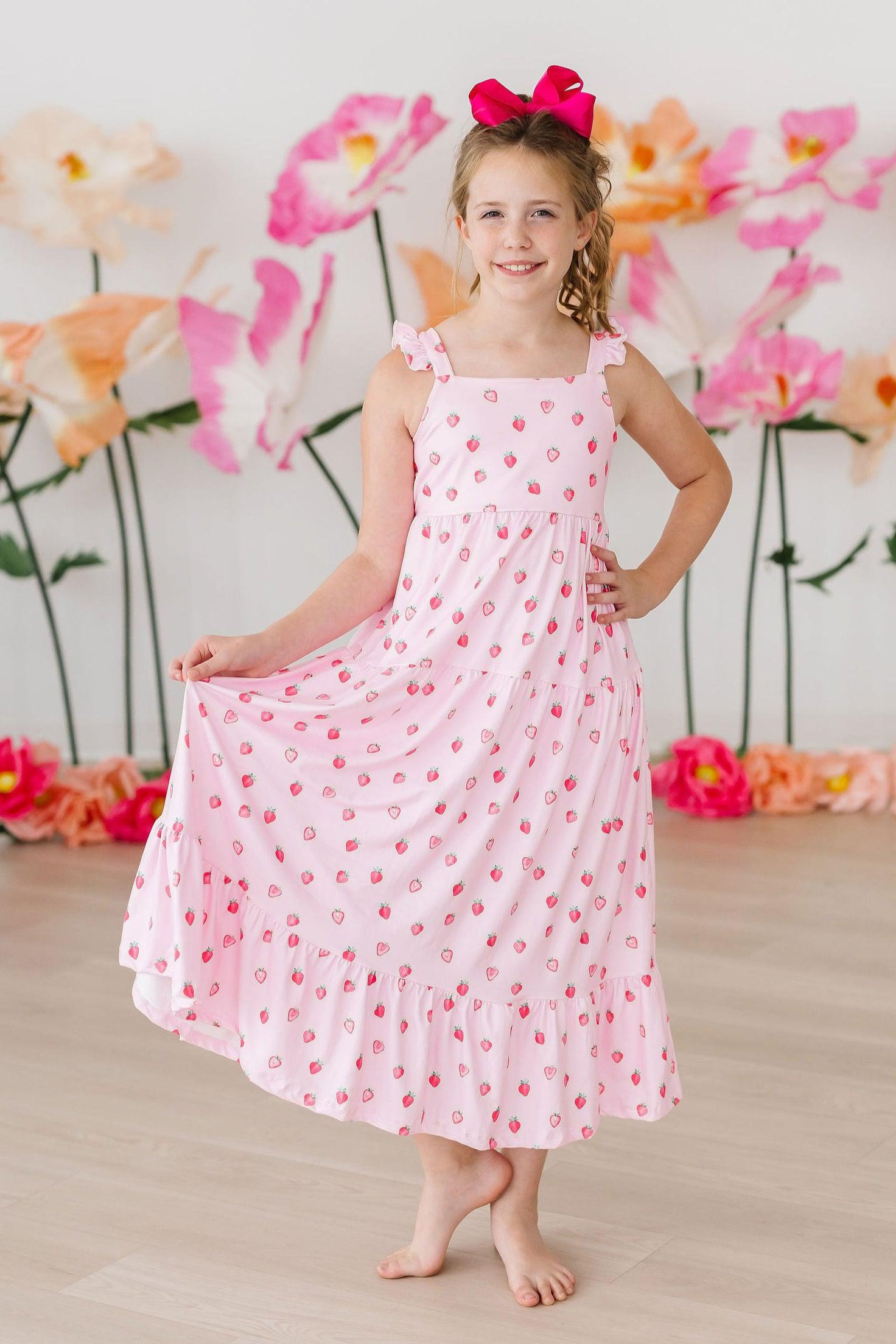 Girls' Sweet Strawberries Ruffle Maxi Dress Size: 5/6 by Mila & Rose Girls' Sweet Strawberries Ruffle Maxi Dress Size: 5/6 by Mila & Rose