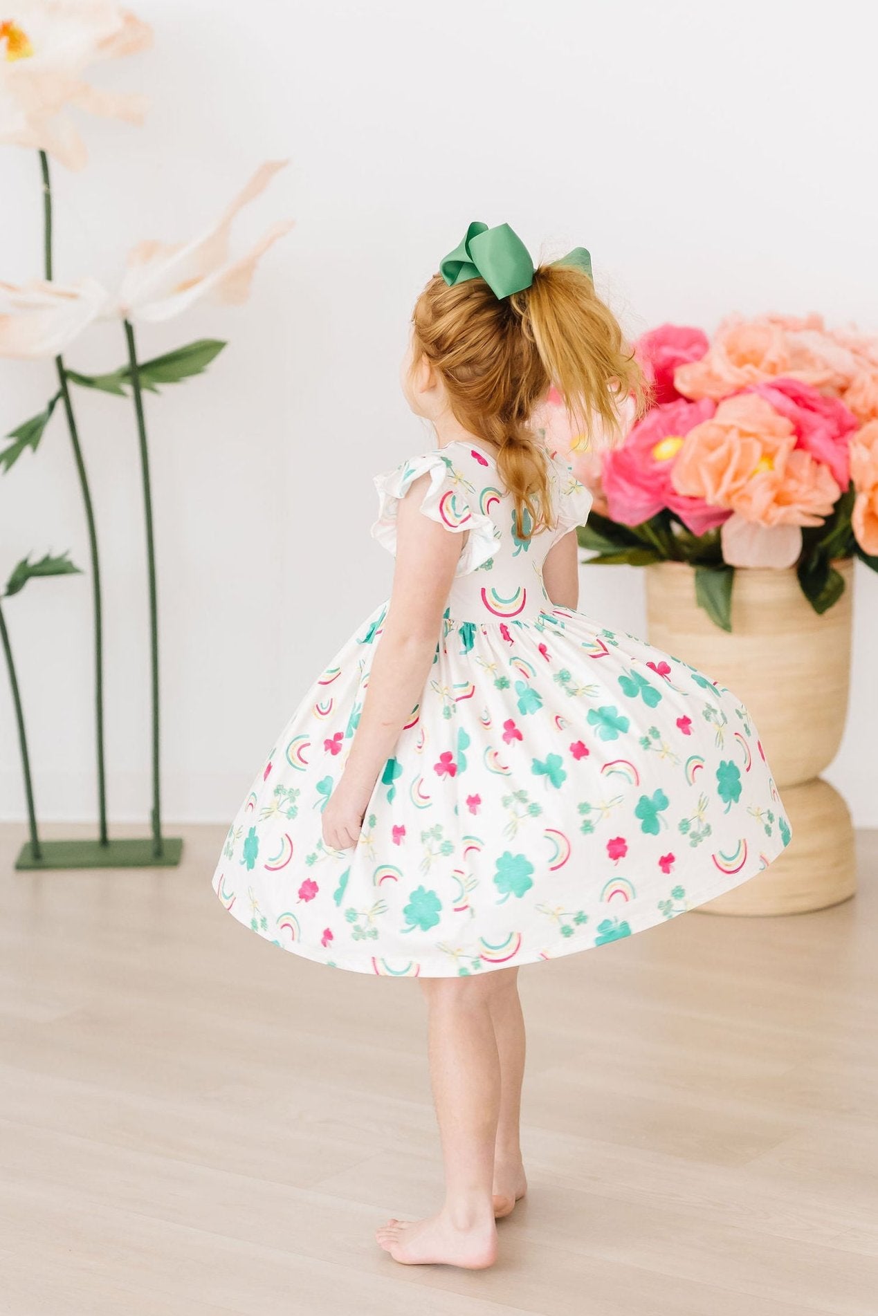 Shamrock Print Dress Adorable Baby Girl's St. Patrick's Day Dress - Green  Leprechaun & Shamrock Flowy Party Dress For Holiday Photos