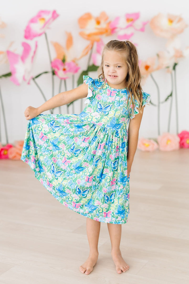 Watercolor Butterflies Flutter Sleeve Twirl Dress-Mila & Rose ®