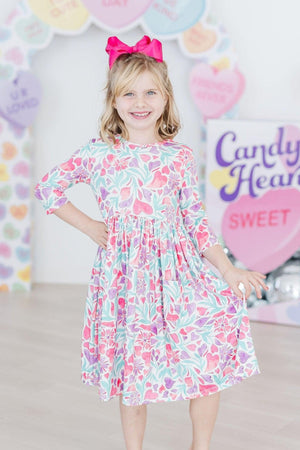 Watercolor Hearts 3/4 Sleeve Pocket Twirl Dress-Mila & Rose ®