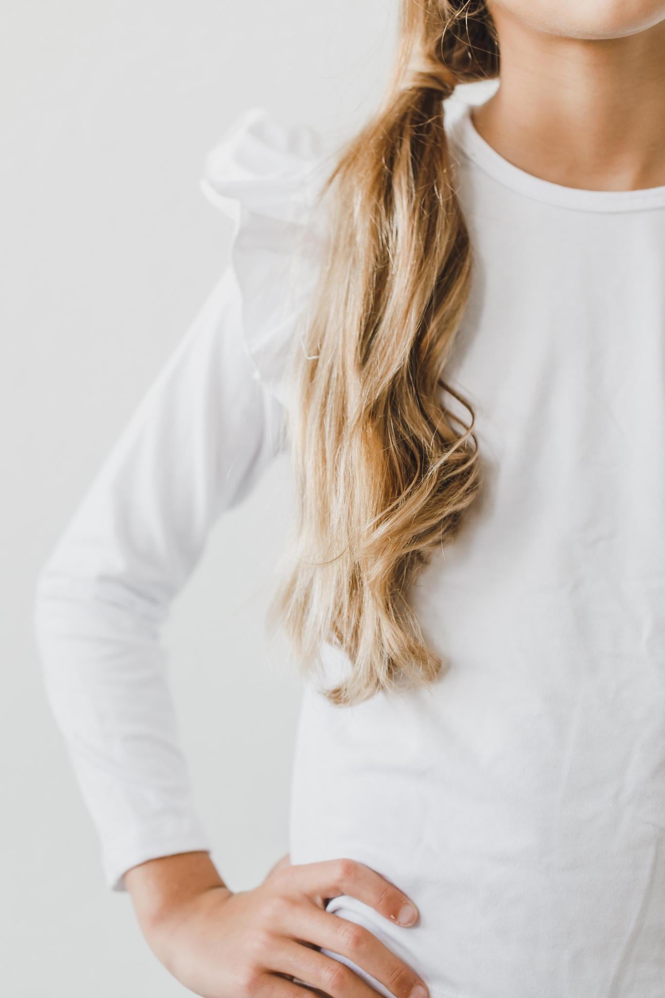 (S) White L/S Ruffle Tee-Mila & Rose ®