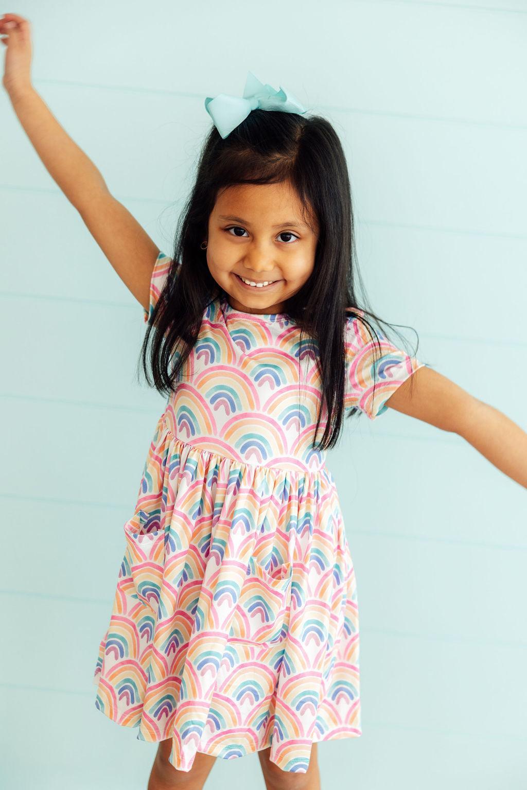 Watercolor Rainbows S/S Pocket Twirl Dress-Mila & Rose ®
