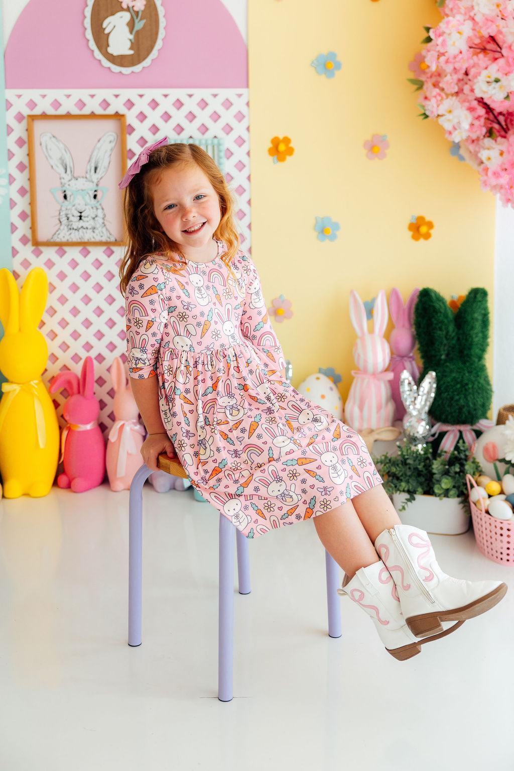 springtime dresses Girls' Springtime Bunnies 3/4 Sleeve Pocket Twirl Dress Size: 3T Toddler By Mila & Rose