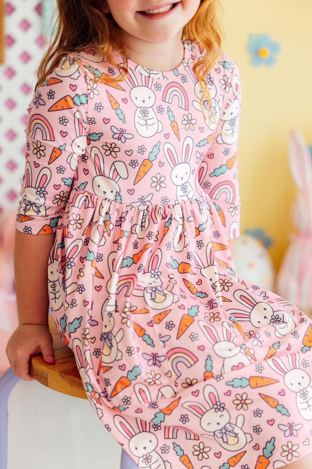 Springtime Bunnies 3/4 Sleeve Pocket Twirl Dress-Mila & Rose ®