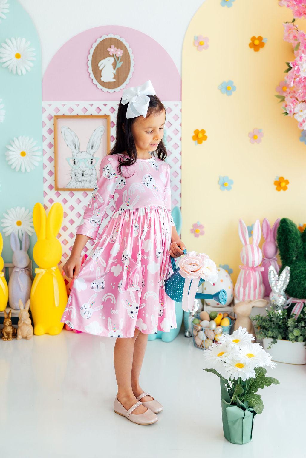 Bunny Love 3/4 Sleeve Pocket Twirl Dress-Mila & Rose ®