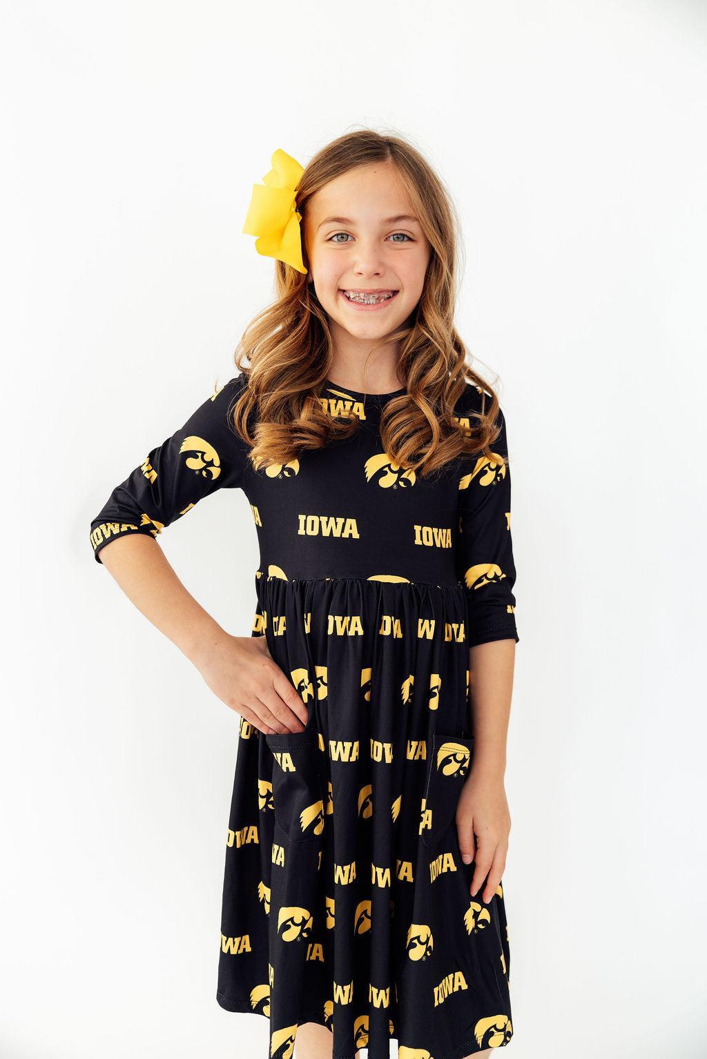 (S) Iowa Black Tigerhawk 3/4 Sleeve Pocket Twirl Dress-Mila & Rose ®
