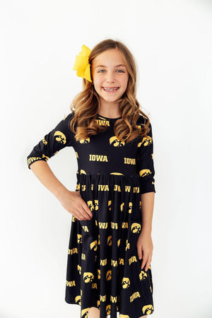 (S) Iowa Black Tigerhawk 3/4 Sleeve Pocket Twirl Dress-Mila & Rose ®
