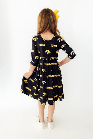 (S) Iowa Black Tigerhawk 3/4 Sleeve Pocket Twirl Dress-Mila & Rose ®