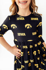(S) Iowa Black Tigerhawk 3/4 Sleeve Pocket Twirl Dress-Mila & Rose ®