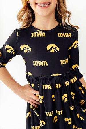 (S) Iowa Black Tigerhawk 3/4 Sleeve Pocket Twirl Dress-Mila & Rose ®