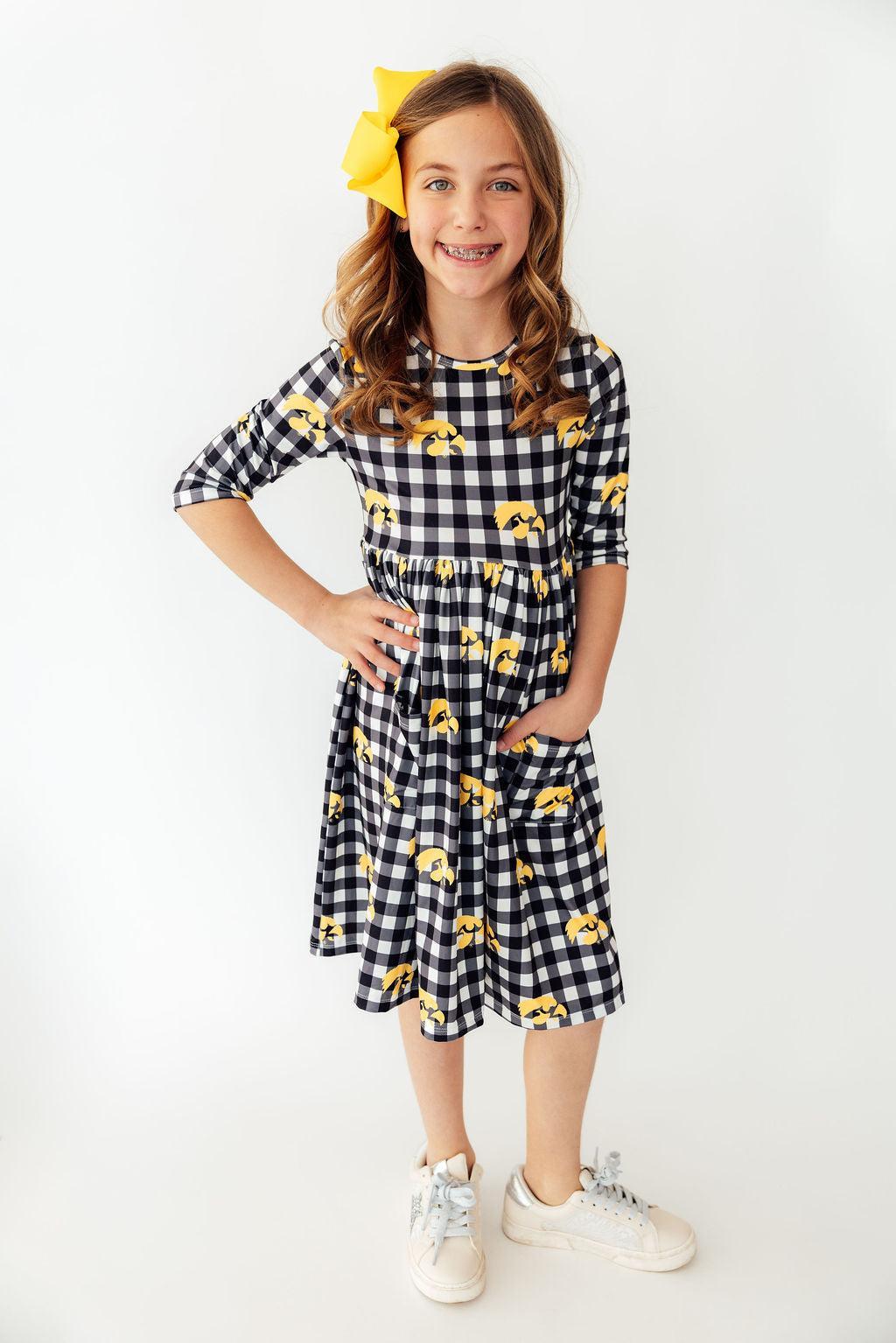 Iowa Plaid Tigerhawk 3/4 Sleeve Pocket Twirl Dress-Mila & Rose ®