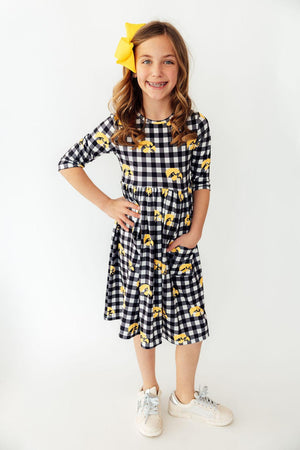 (S) Iowa Plaid Tigerhawk 3/4 Sleeve Pocket Twirl Dress-Mila & Rose ®