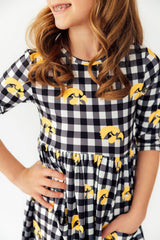Iowa Plaid Tigerhawk 3/4 Sleeve Pocket Twirl Dress-Mila & Rose ®