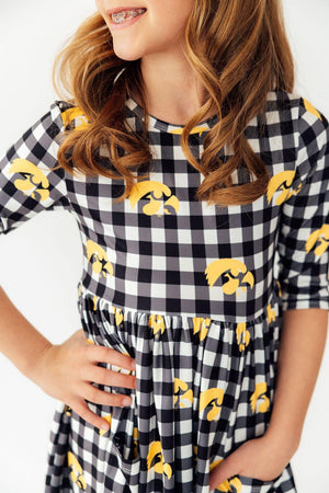(S) Iowa Plaid Tigerhawk 3/4 Sleeve Pocket Twirl Dress-Mila & Rose ®