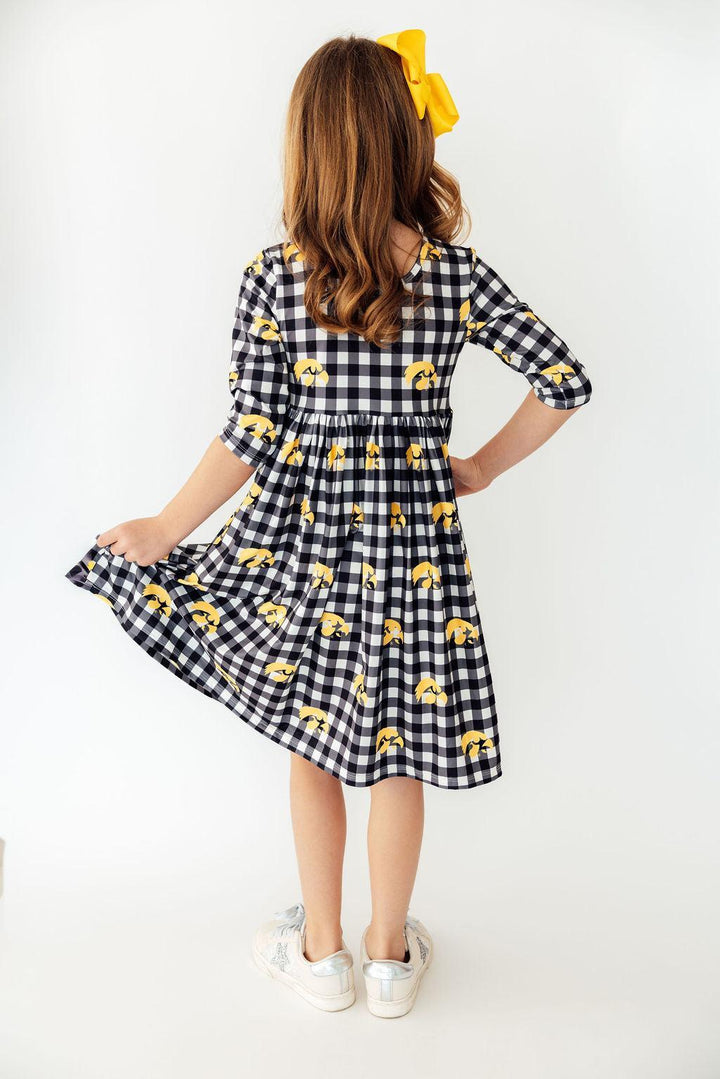 Iowa Plaid Tigerhawk 3/4 Sleeve Pocket Twirl Dress-Mila & Rose ®