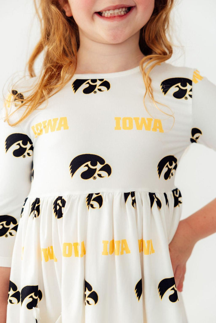 Iowa White Tigerhawk 3/4 Sleeve Pocket Twirl Dress-Mila & Rose ®