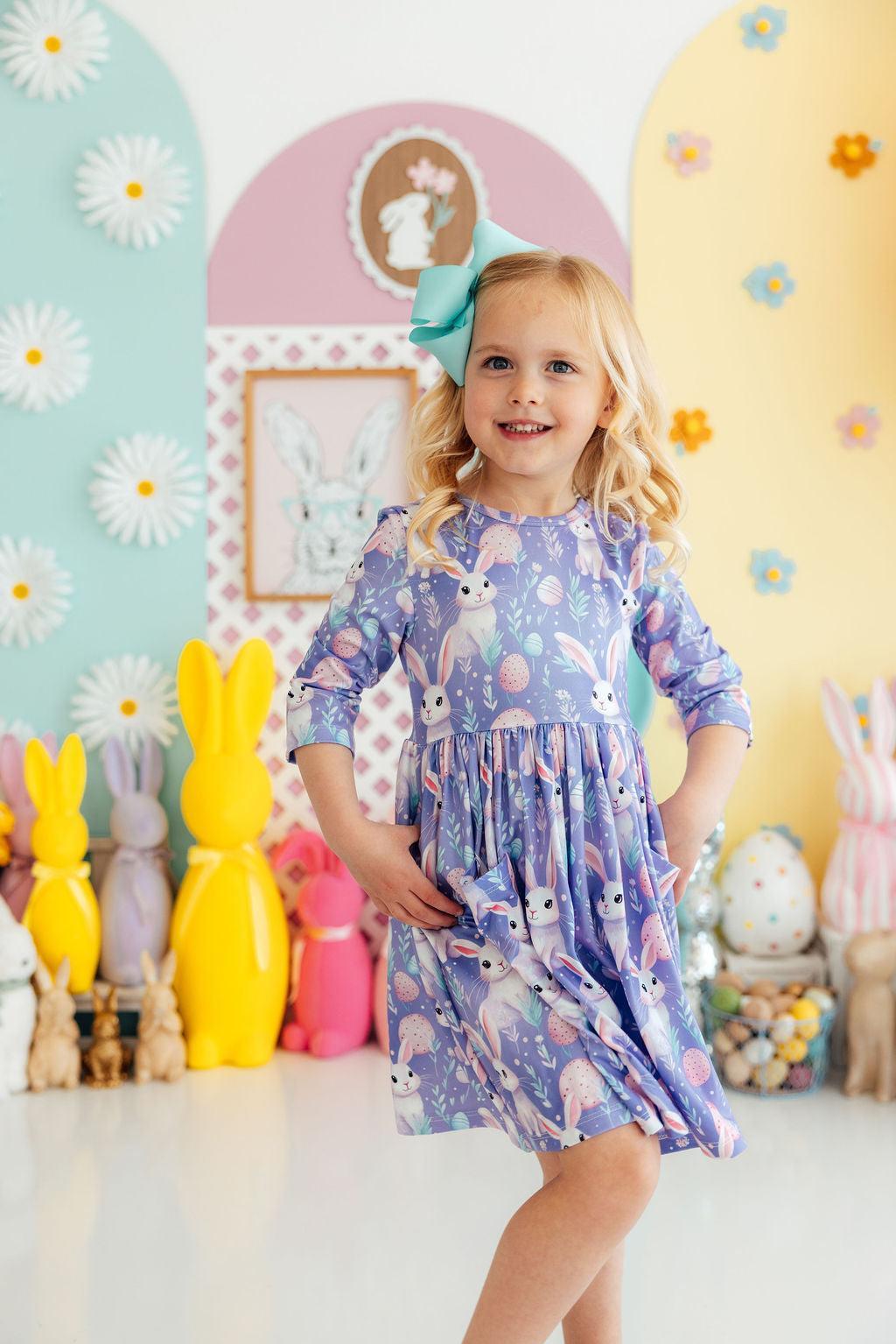 Beautiful Bunnies 3/4 Sleeve Pocket Twirl Dress-Mila & Rose ®