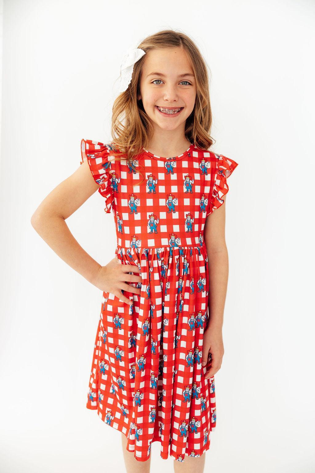 Nebraska Plaid Herbie Husker Flutter Twirl Dress-Mila & Rose ®