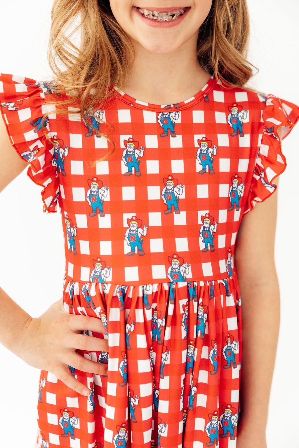 Nebraska Plaid Herbie Husker Flutter Twirl Dress-Mila & Rose ®