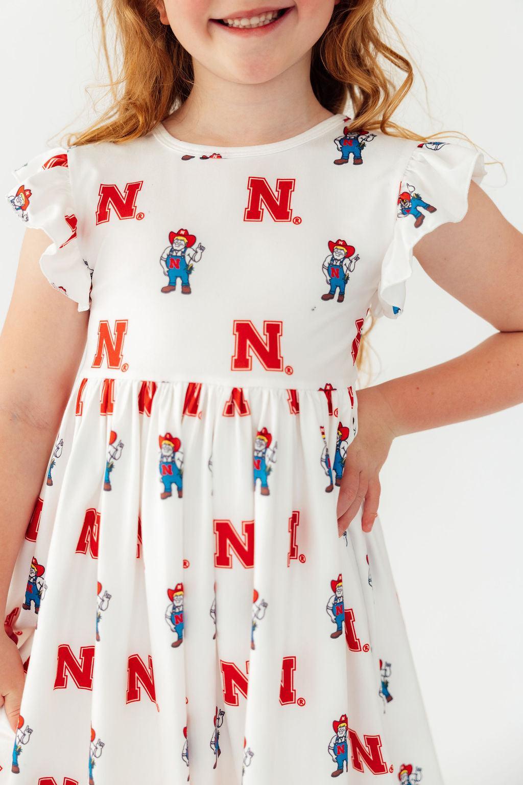 Nebraska White Herbie Husker Flutter Twirl Dress-Mila & Rose ®