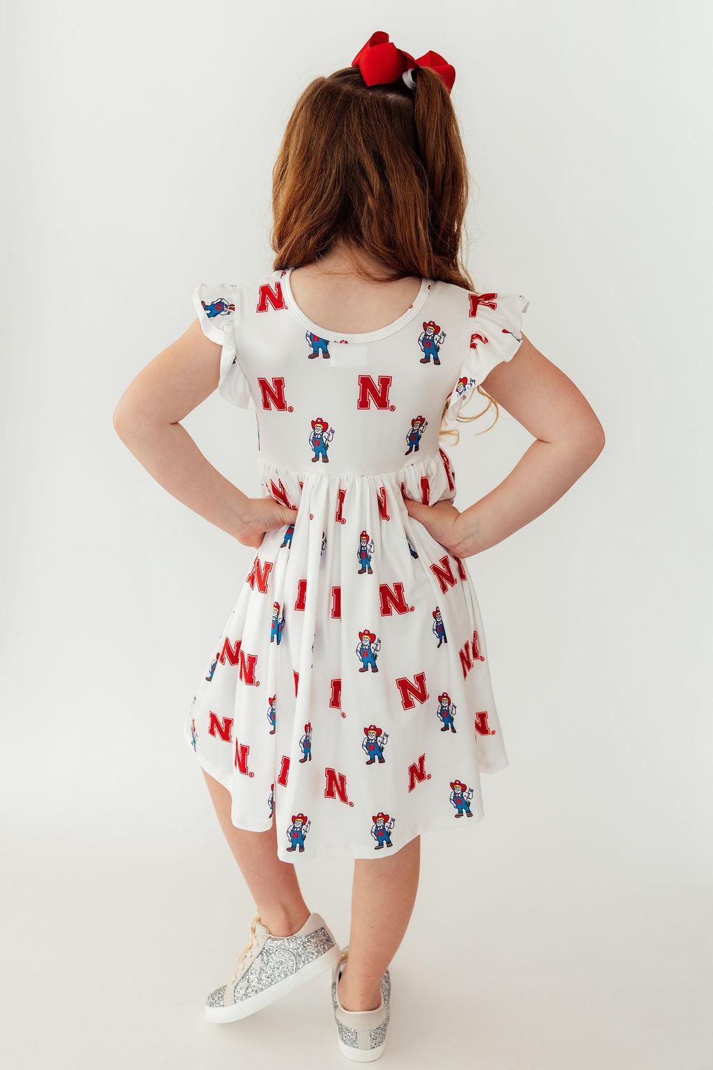 Nebraska White Herbie Husker Flutter Twirl Dress-Mila & Rose ®